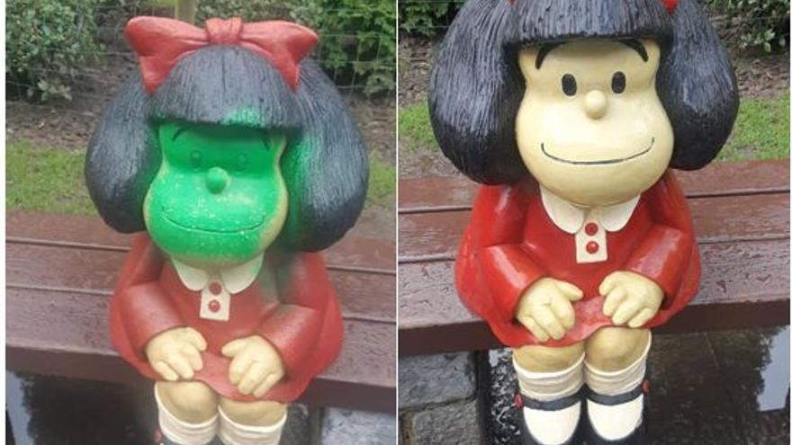 Ataque vandálico a la estatua de Mafalda en Oviedo: amaneció con la cara verde