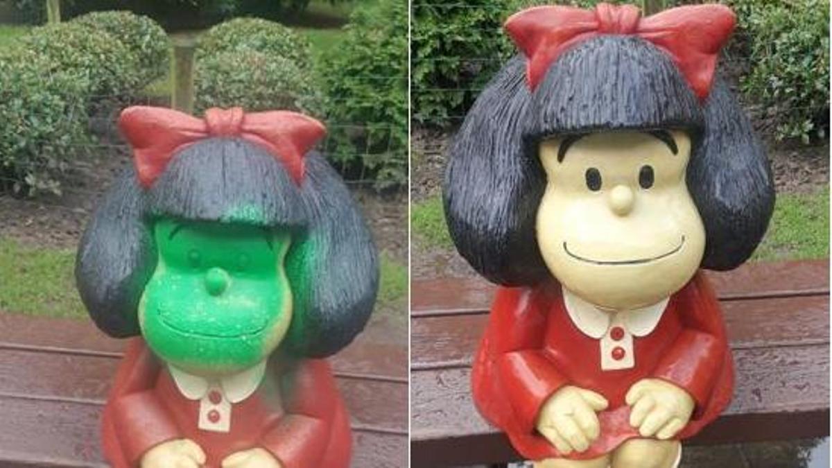 Imagen de la estatua de Mafalda, antes y después del ataque vandálico.