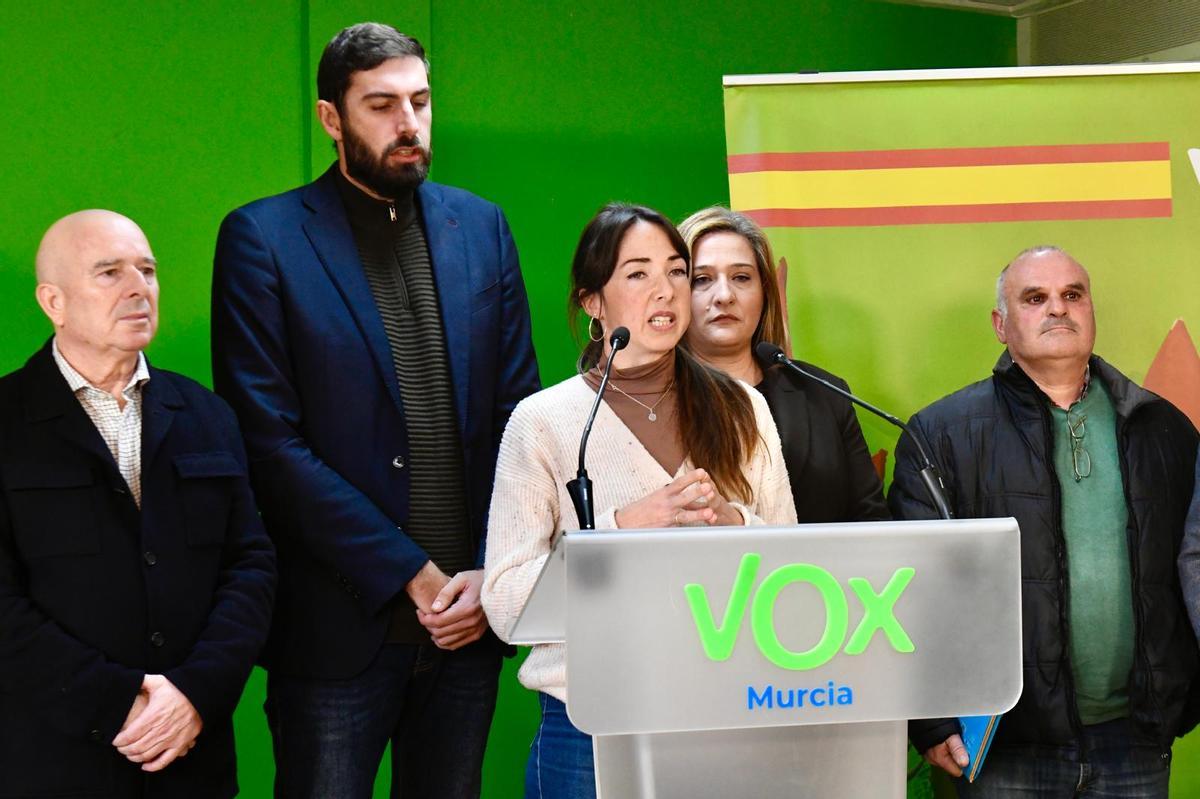 Lidia Morales, portavoz de la Plataforma de Afectados por Fotovoltaicas en la Cuenca del Mar Menor, este viernes en ruenda de prensa.