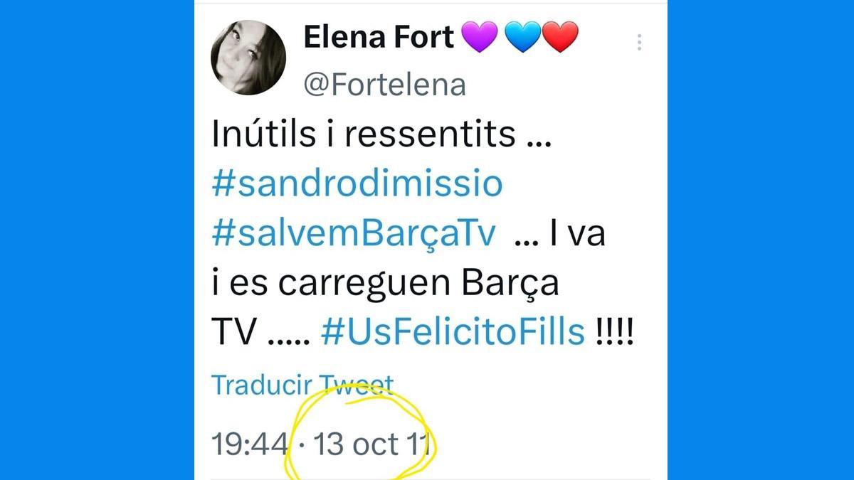 El texto que publicó Fort en su cuenta de Twitter en octubre de 2011