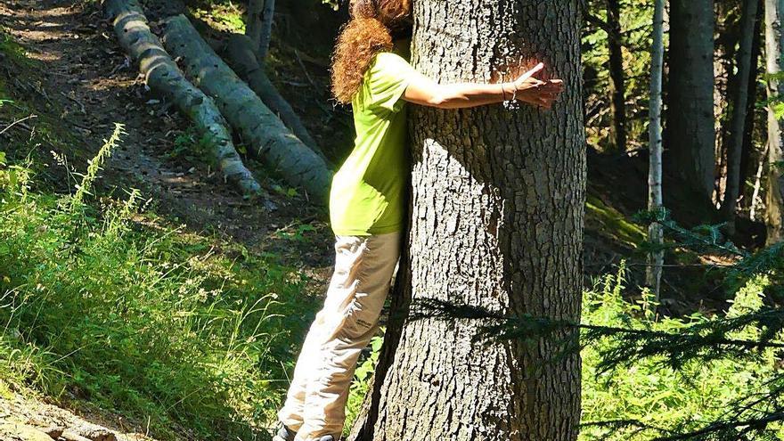 Una participant en un &#039;bany de bosc&#039; abraçada a un avet