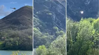 Un helicóptero de bomberos de Asturias cae a un pantano y el piloto logra salvarse