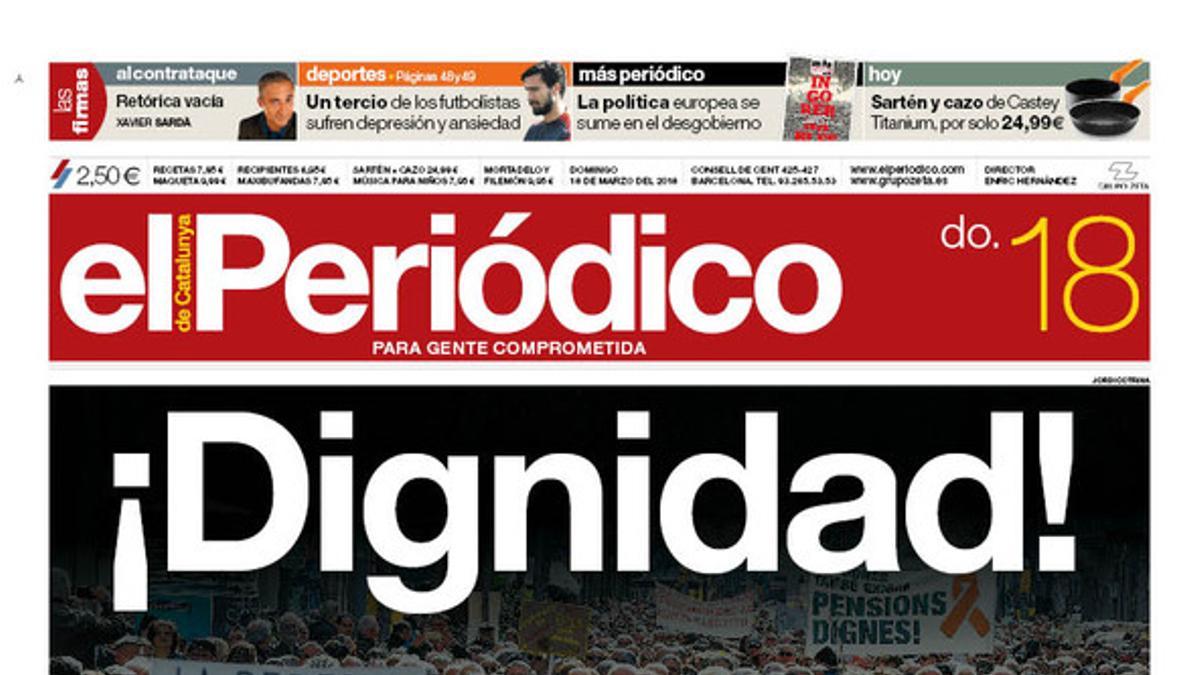 La portada de EL PERIÓDICO DE CATALUNYA del 18 de marzo del 2018