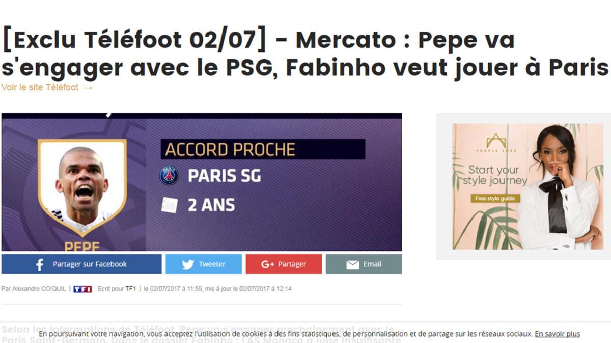 La noticia de Téléfoot asegurando el fichaje de Pepe por el PSG