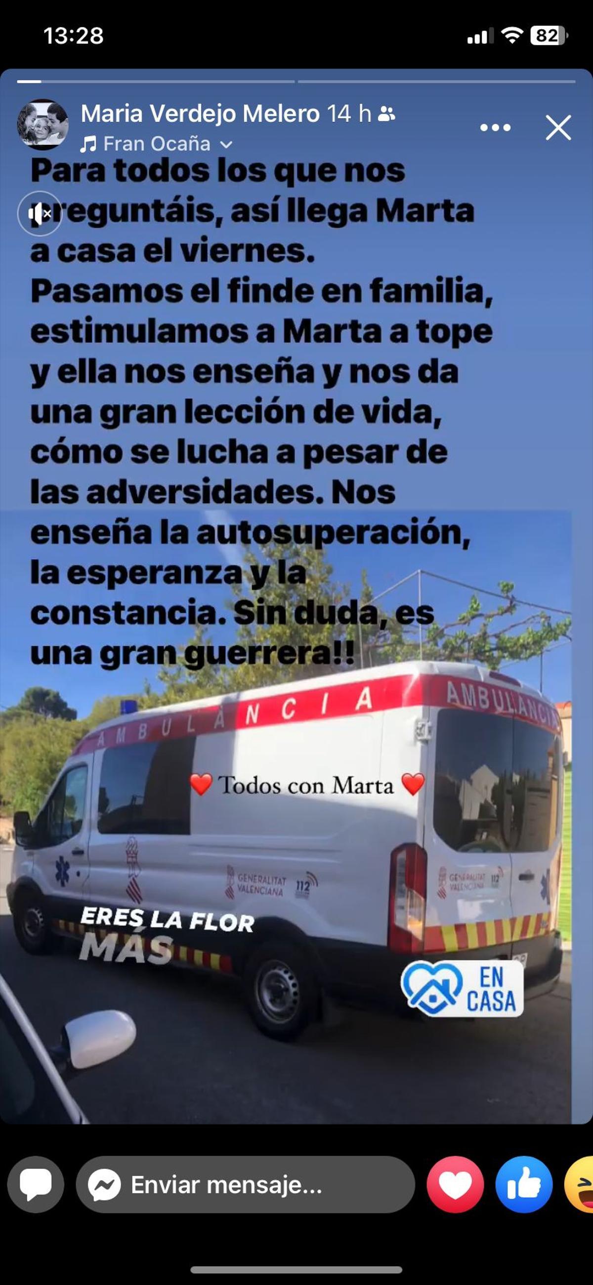 Publicación compartida por la madre de Marta en sus redes sociales.