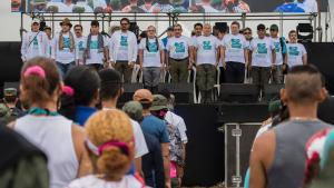 La cúpula de las FARC en la ceremonia de apertura de la conferencia.