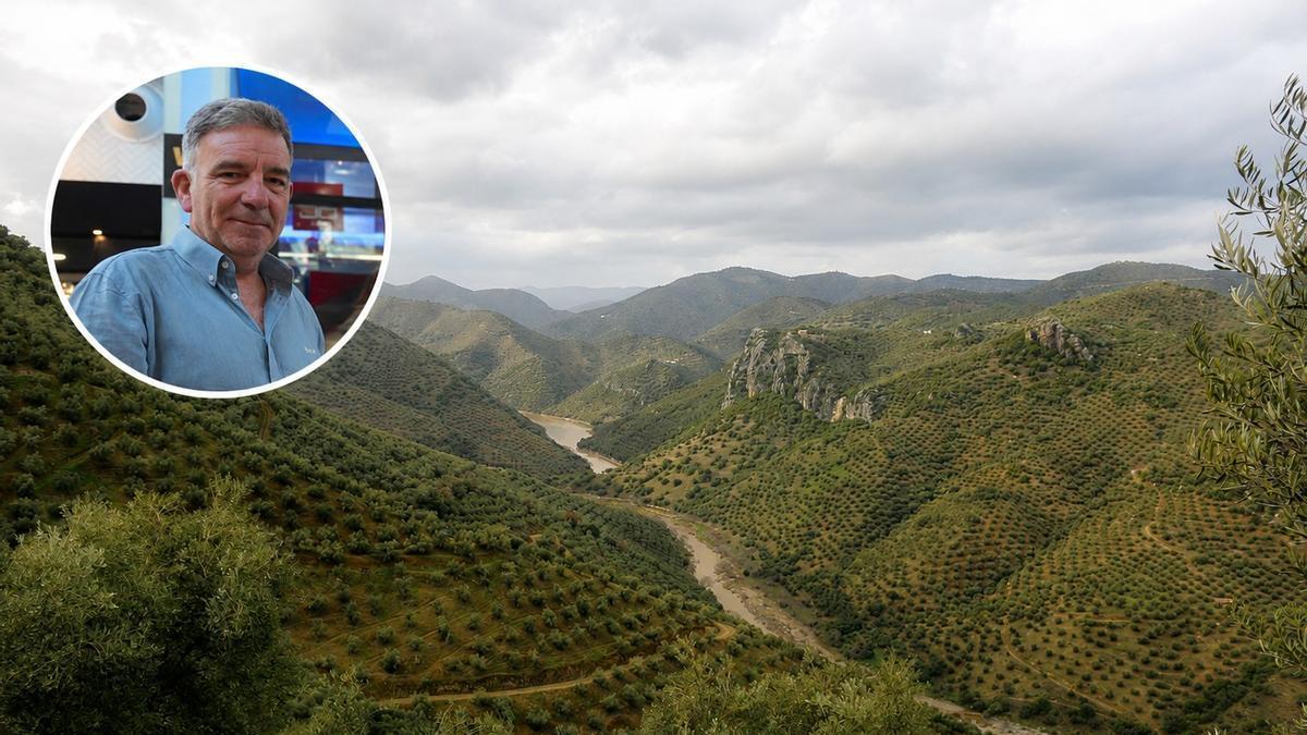 De fondo, un paisaje del olivar de montaña en Montoro; en el recuadro, José María Penco.
