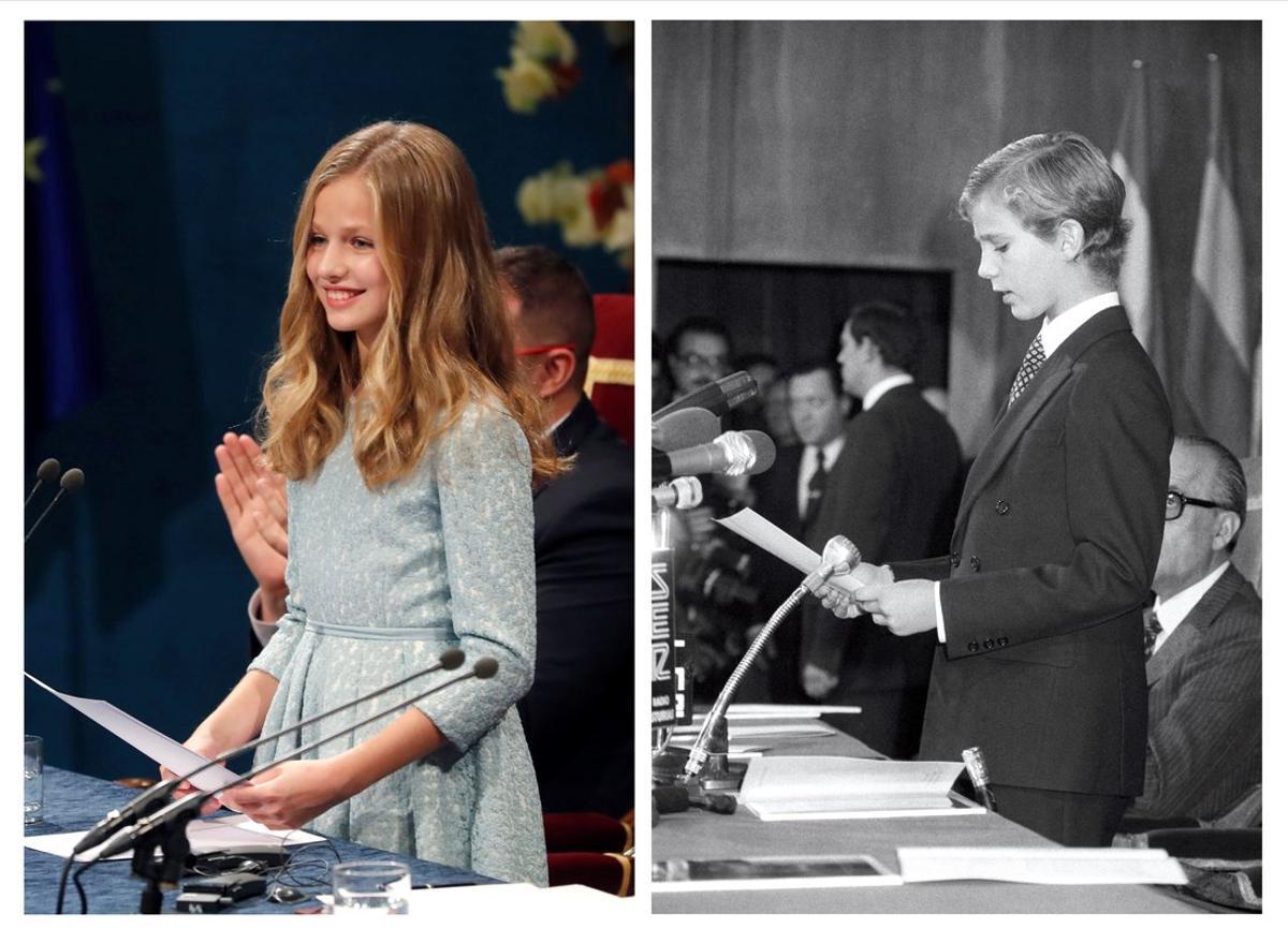 Leonor, en su primer discurso en la gala de los Premios Princesa de Asturias, el año pasado, y su padre, el Rey, en su primer discurso también en los mismos premios, en 1981. 