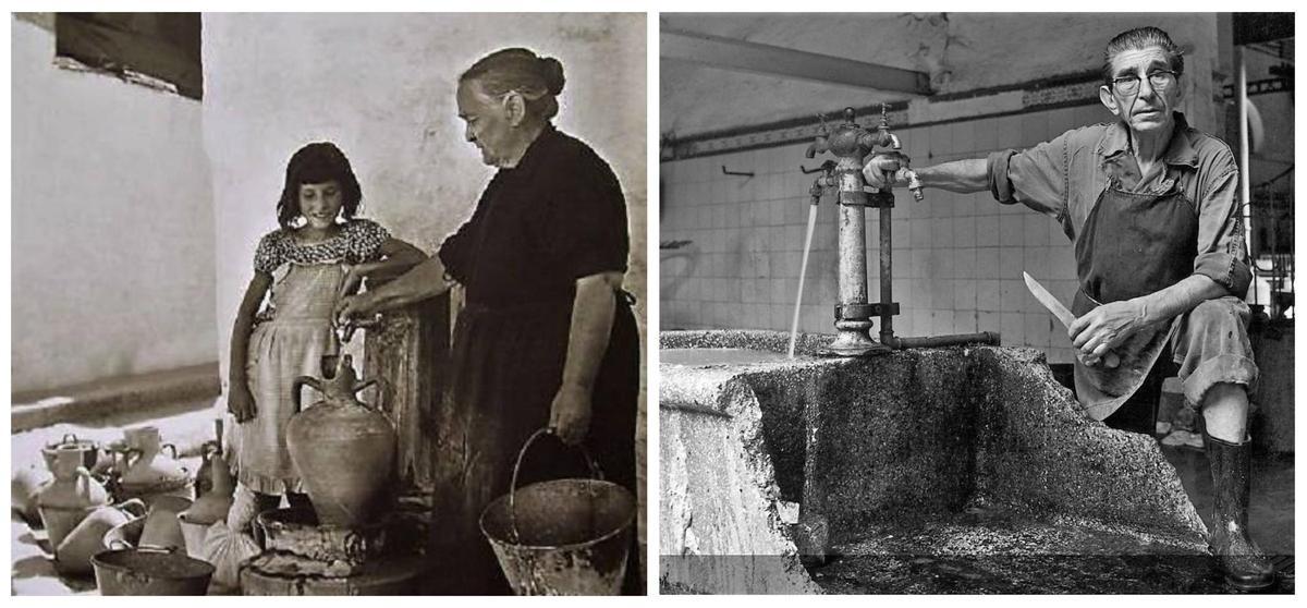 A la izquierda, una abuela y su nieta llenan cántaros y cubos en la antigua fuente de «botón» que había en la esquina entre Sant Josep y Enríquez. A la derecha, un trabajador en la fuente del matadero municipal, que estaba ubicado en una de las entradas de Xàtiva. |