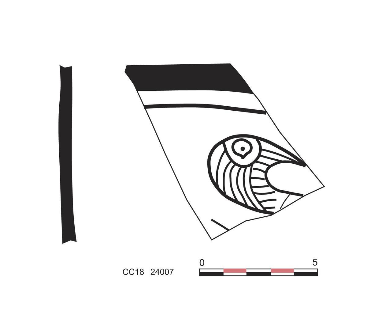 Dibujo de la cabeza de pájaro que aparece en la pieza de cerámica íbera localizada en la última excavación.