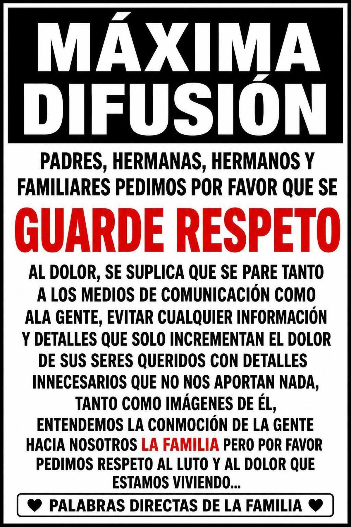 Comunicado publicado en redes sociales por parte de la familia de David Salazar Expósito.