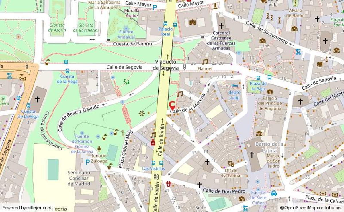 Mapa actual de la Calle de la Morería junto al Viaducto de Segovia y la Calle Bailén