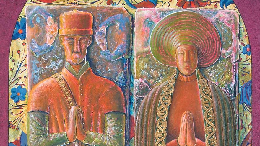 Los esposos Alfonso de Carballido, “mercader”, y Clara Sánchez, interpretados a partir de sus sepulcros del Museo das Mariñas (Betanzos). Pintura elaborada por Alfredo Erias con la técnica mixta sobre tabla (2006, colección “Xente no Camiño”).