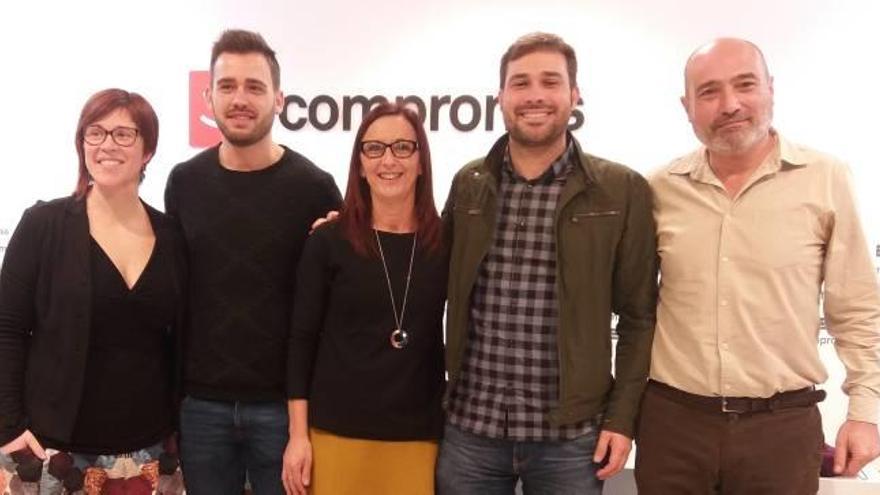 Micò, Ferri, Amigó, Fullana y Rius, ayer en la sede de Compromís en Valencia.