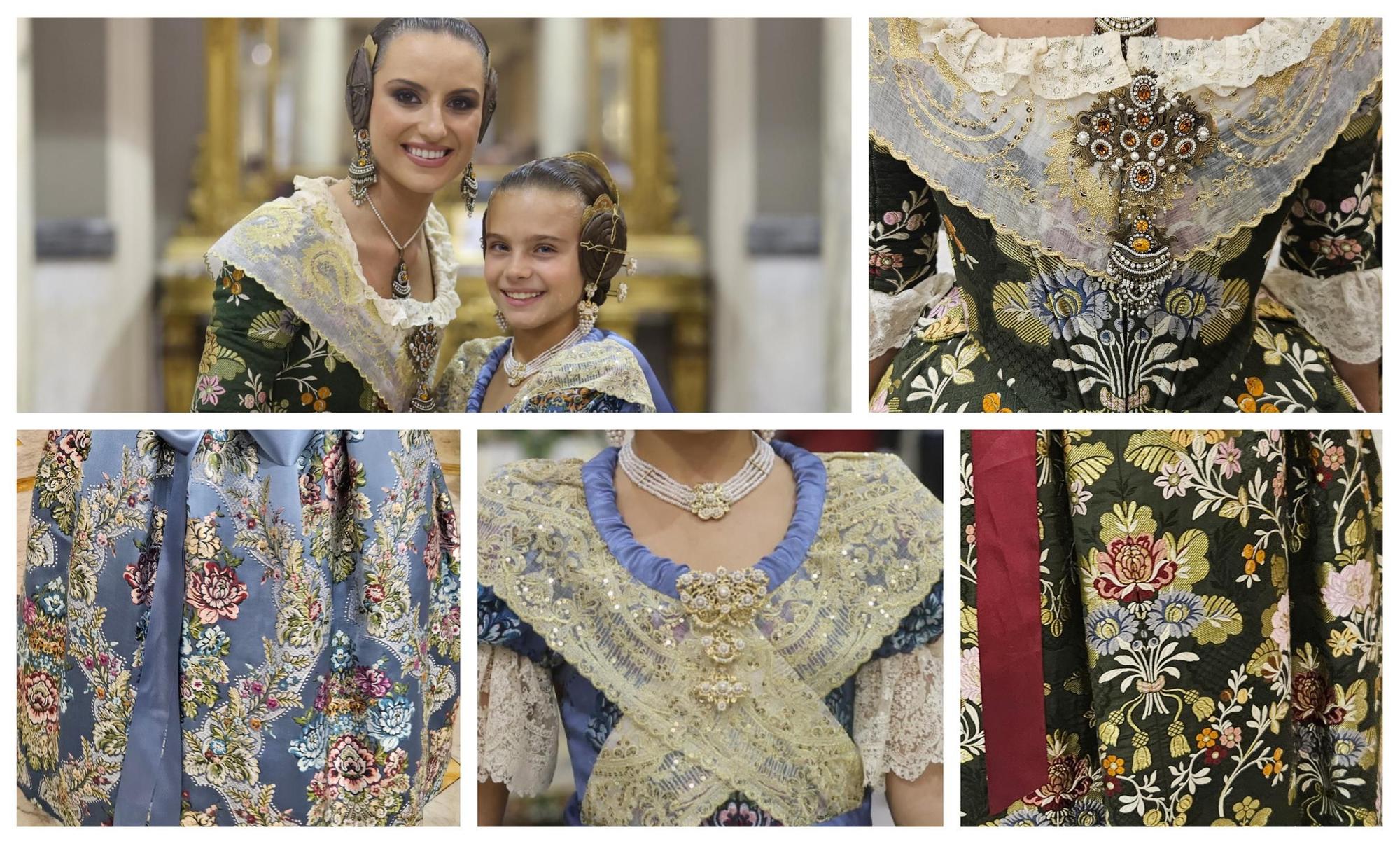 Los trajes Verde Musto y Azul Lavender de María Estela y Marina, al detalle