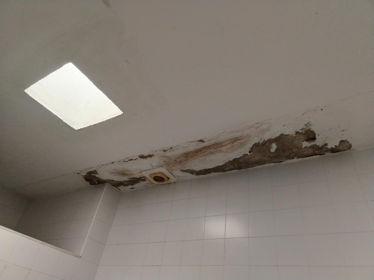 Taques d’humitat al sostre interior del pavelló, amb filtracions visibles en una de les estances