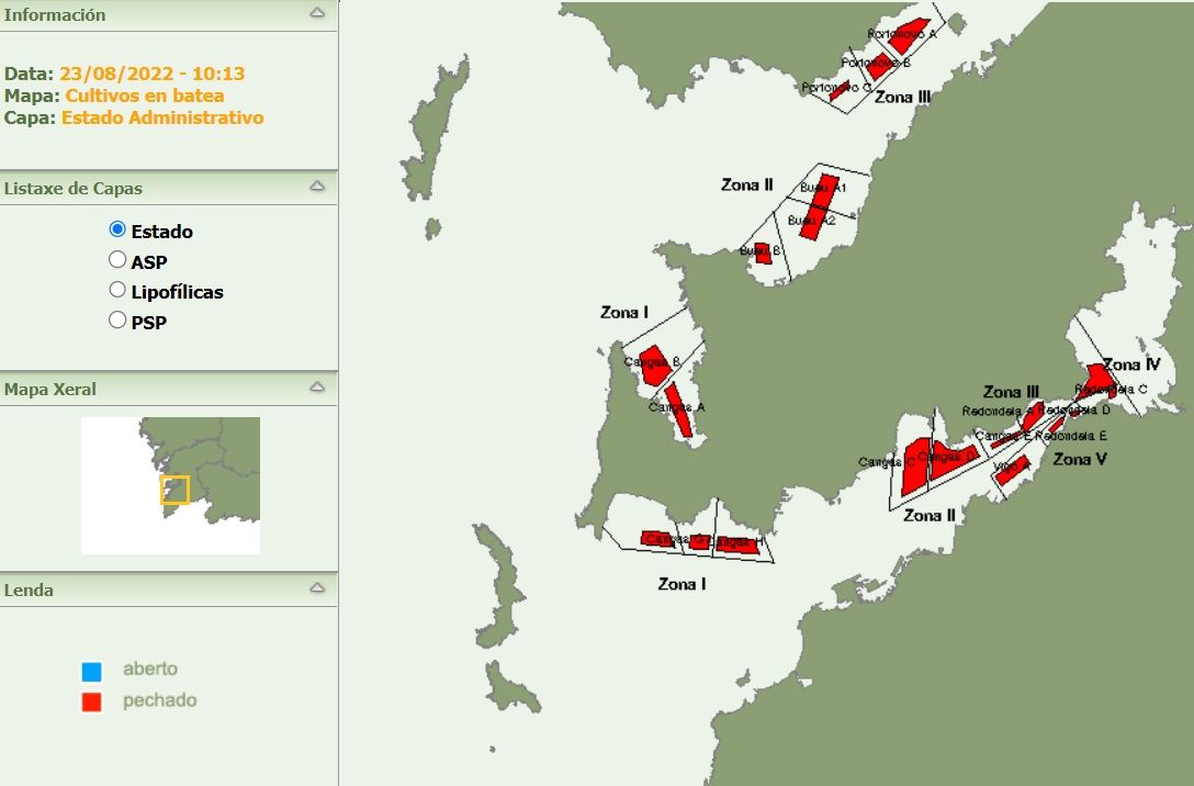 El mapa del Intecmar que permite observar que el cierre de bateas de mejillón es total en las rías de Pontevedra y Vigo.