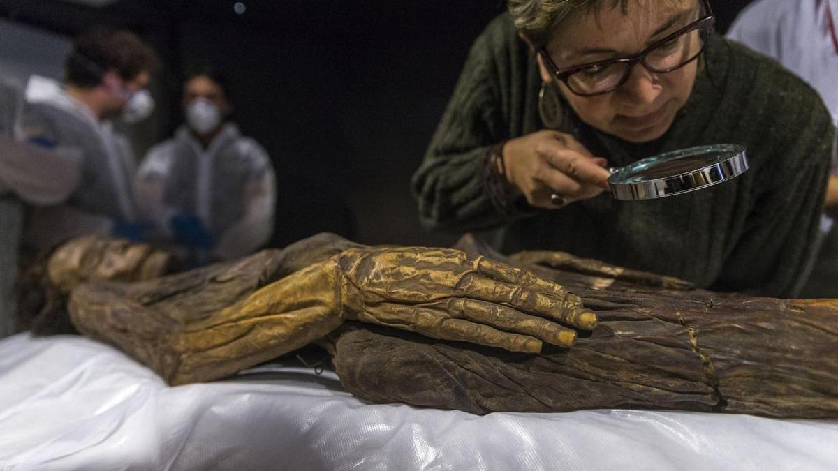 Una investigadora inspecciona la momia de Erques en el Museo Arqueológico Nacional (MAN).