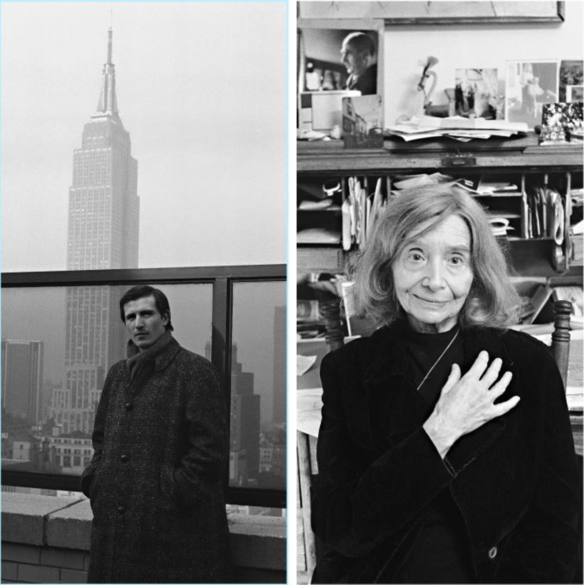 Autoretrat de Joan Casellas vestit amb un abric de segona mà amb una butxaca de cuir per la pistola i la poeta postmoderna Hilda Morley.