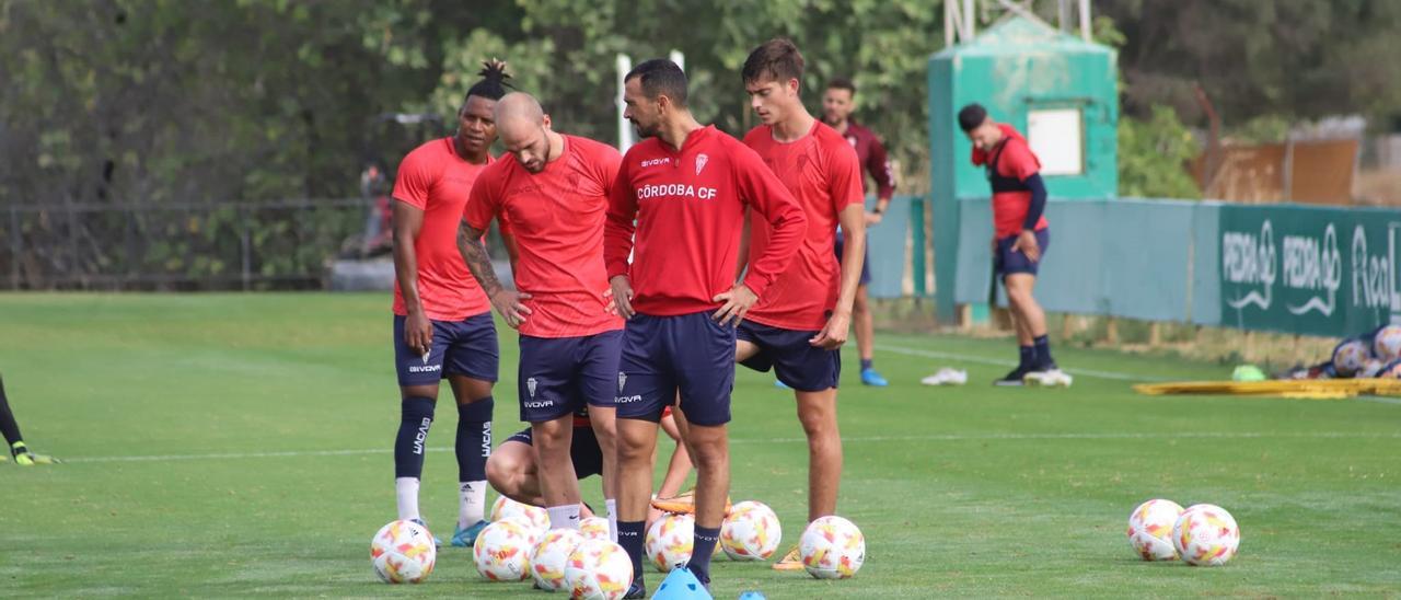 Los jugadores del Córdoba CF, durante un lance de una sesión de trabajo en la Ciudad Deportiva.