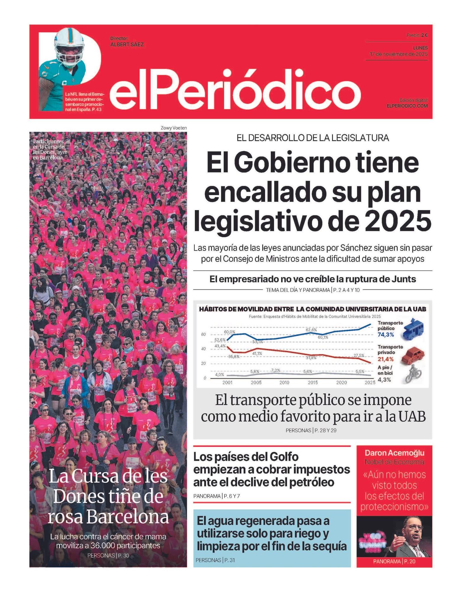 La portada de EL PERIÓDICO del 17 de noviembre de 2025