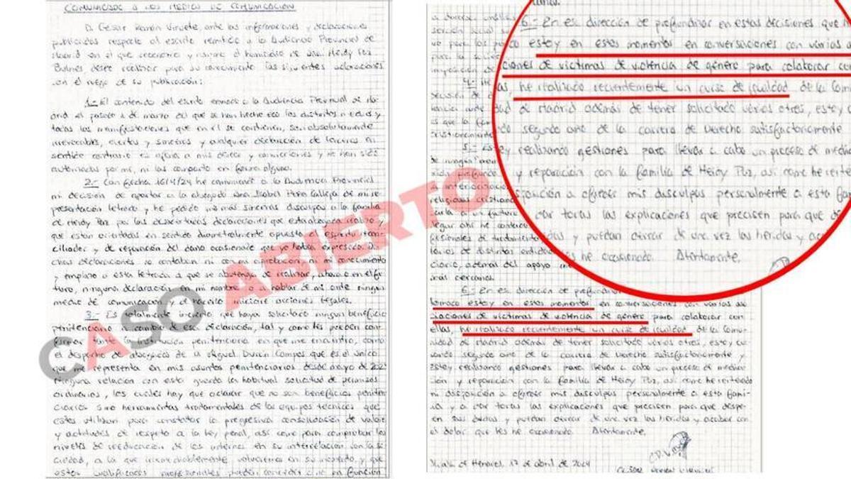La carta enviada por César Román desde la cárcel.