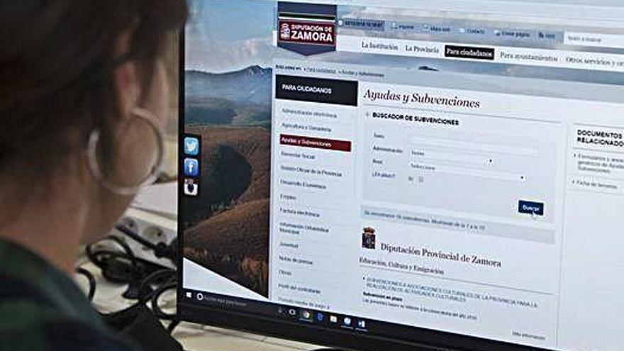 Una joven consulta la página web de la Diputación en un ordenador.