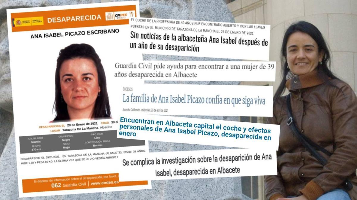 Cartel y titulares de prensa alertando de la desaparición de Anabel; una foto de la profesora.