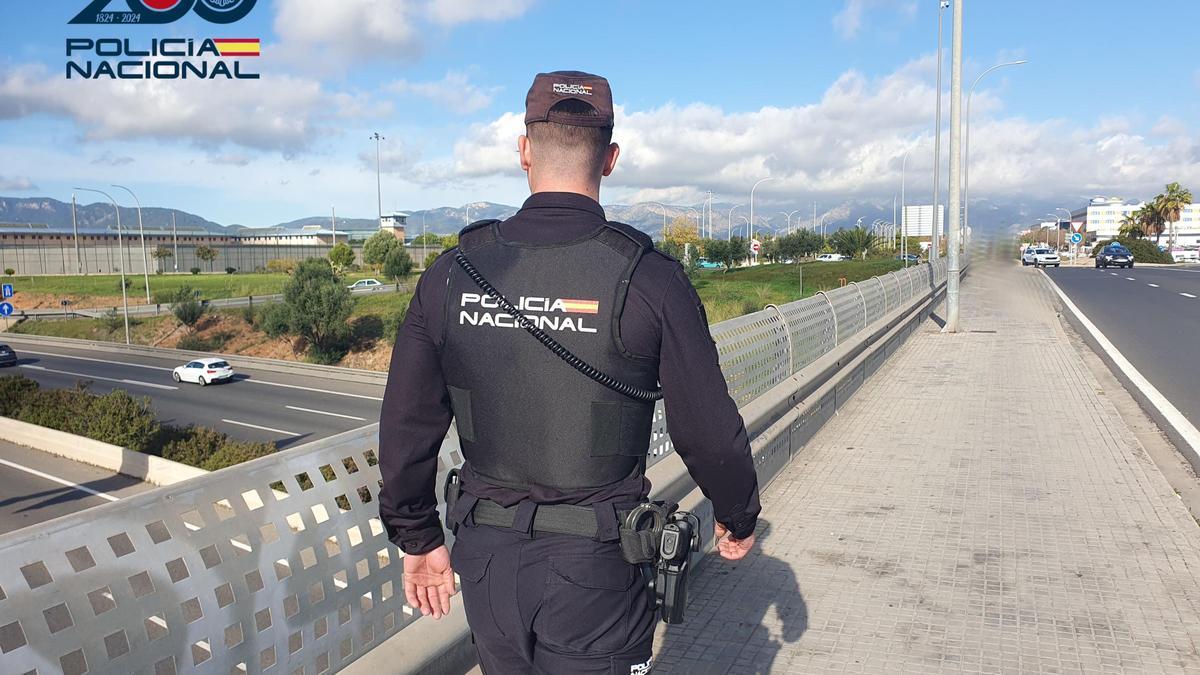 Un agente de la Policía Nacional, en el puente de la carretera de Sóller, en Palma.