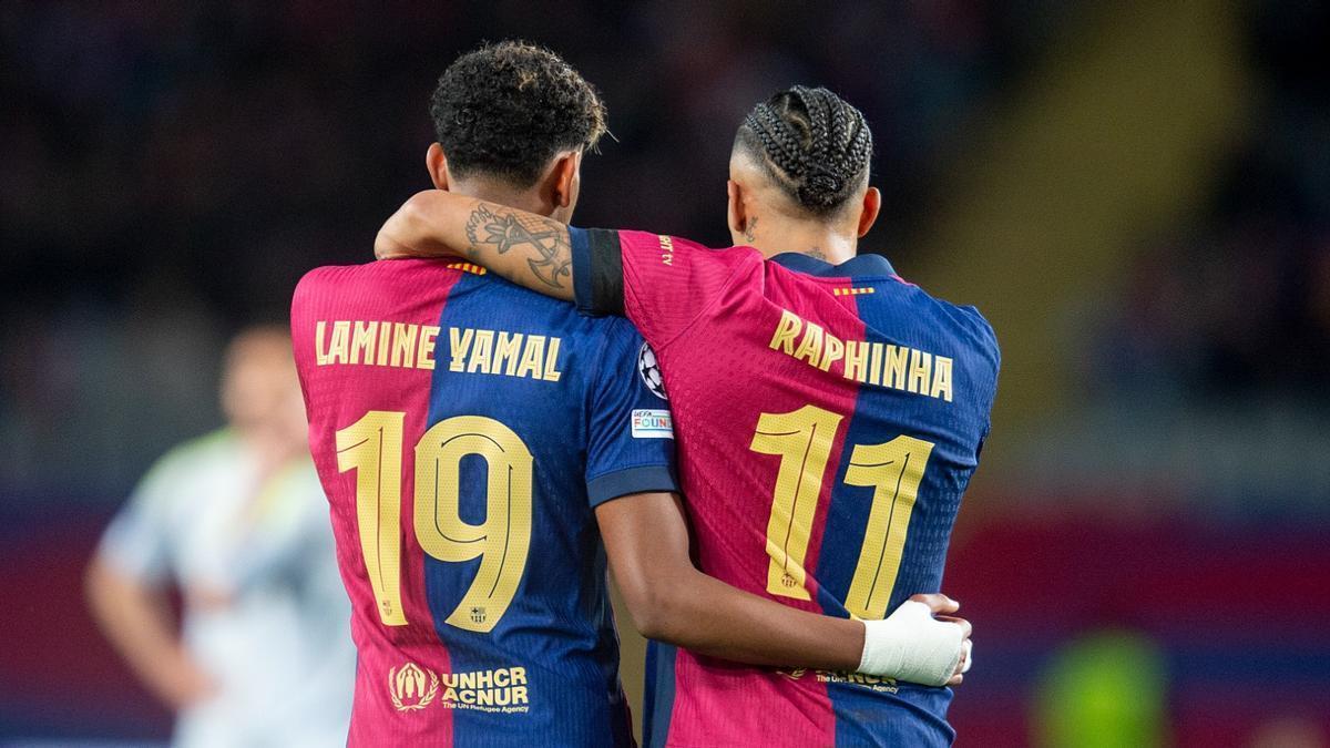 Lamine Yamal y Raphinha festejan uno de los goles del Barça al Benfica en Montjuïc.