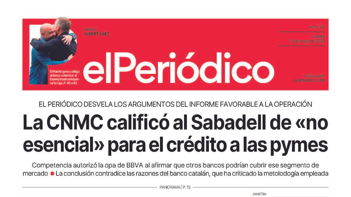 La portada de EL PERIÓDICO del 15 de mayo de 2025