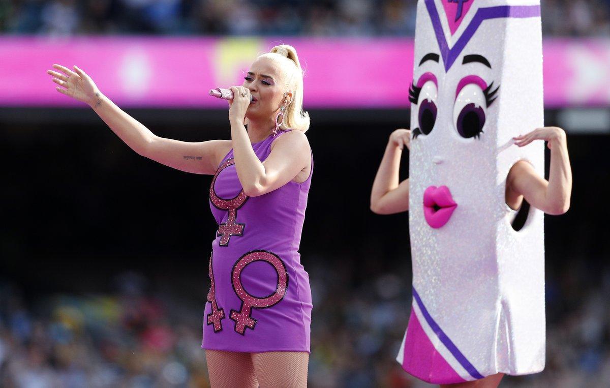 Katy Perry performs before the start of the Women’s T20 World Cup cricket final match between Australia and India in Melbourne, Sunday, March 8, 2020. (AP Photo/Asanka Ratnayake)