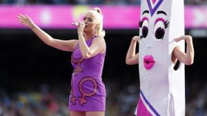 Katy Perry performs before the start of the Women’s T20 World Cup cricket final match between Australia and India in Melbourne, Sunday, March 8, 2020. (AP Photo/Asanka Ratnayake)