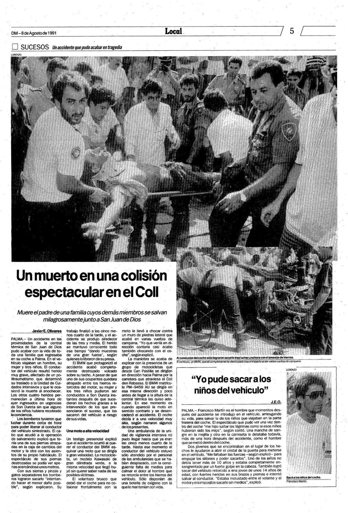 Noticia del accidente publicada en Diario de Mallorca en 1991. En el recuadro, Francisco Martín, el hombre que salvó a Gregorio cuando era niño.