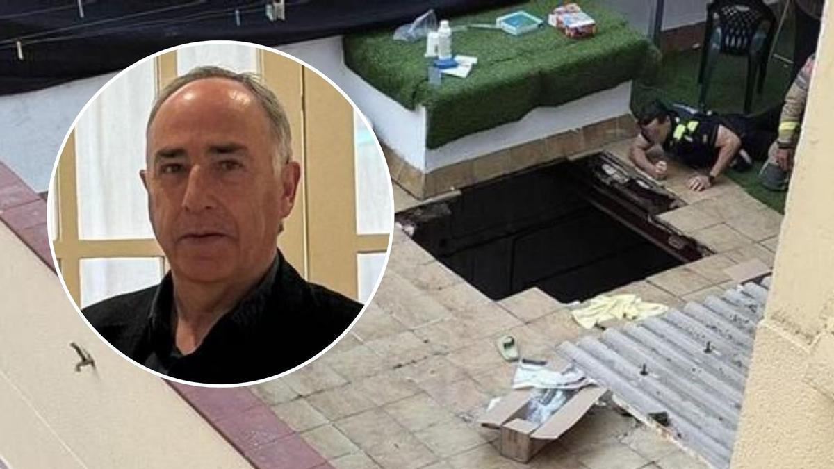 El president del Col·legi de l'Arquitectura Tècnica de Girona, Antoni Bramon, i un agent inspeccionant la terrassa esfondrada