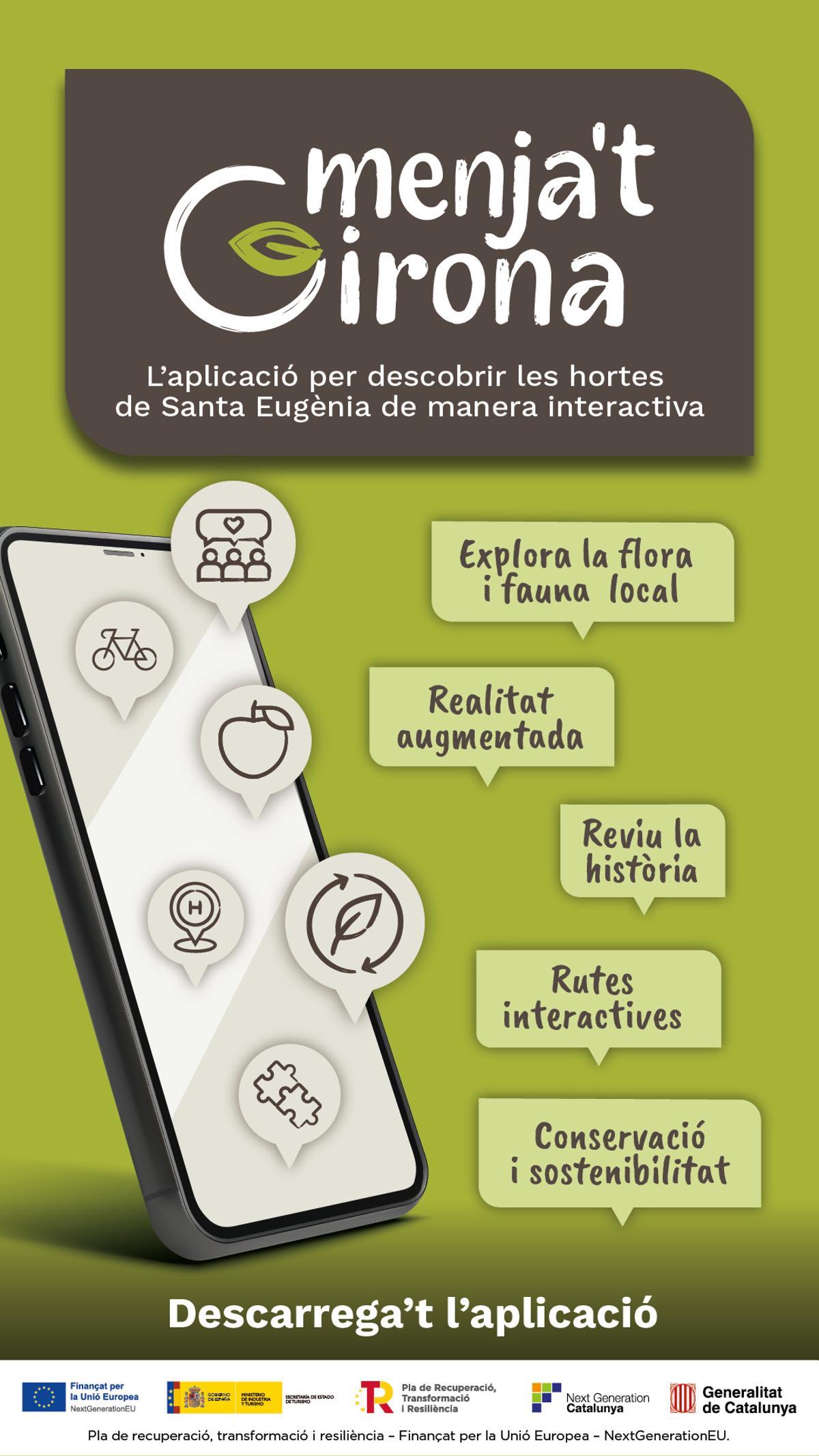 Cartell promocional de l’app Menja’t Girona, que permet descobrir les Hortes de Santa Eugènia amb rutes interactives i realitat augmentada.