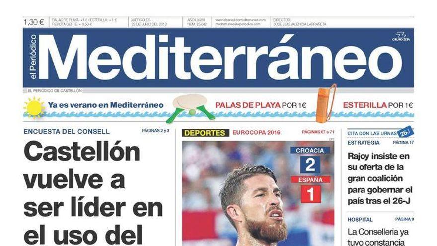 Castellón vuelve a ser líder en el uso del valenciano, en la portada de Mediterráneo