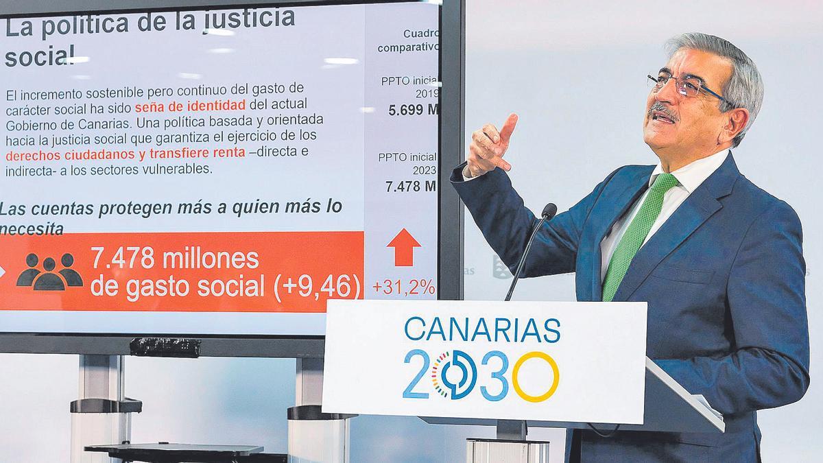 Román Rodríguez, consejero de Hacienda, gesticula  durante la presentación de los presupuestos para 2023 .