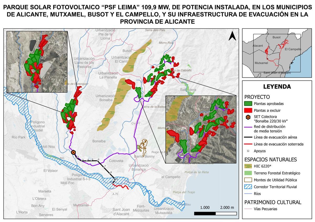 Mapa con las parcelas excluidas -en rojo- y las que se mantienen -en verde- del proyecto Leima