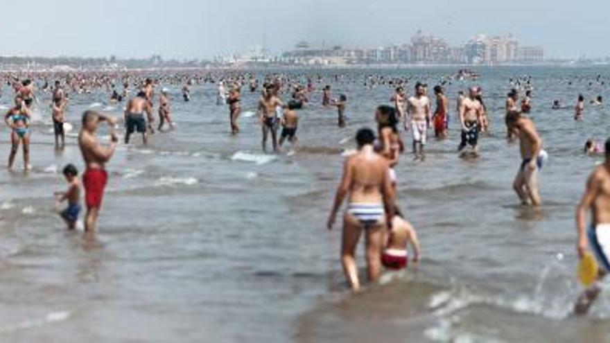Aspecto que presentaba este mediodía la playa de La Malvarrosa de Valencia en la que miles de personas disfrutan de un baño para mitigar las altas temperaturas de estos últimos días.