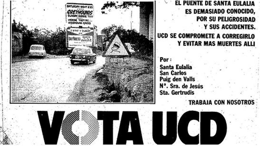 Cartel de UCD de Santa Eulària en el que se compromertía a solucionar el problema del puente de entrada al pueblo