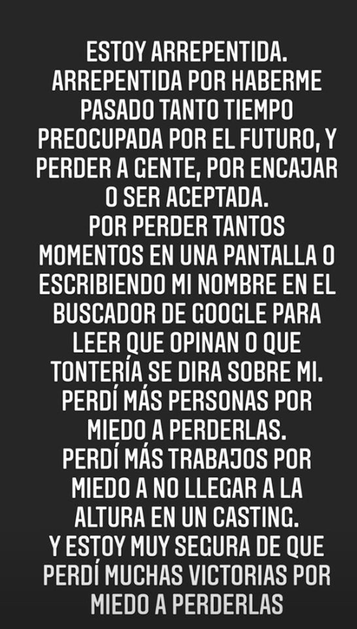 Texto de Lucía Rivera en Instagram sobre lo mal que está