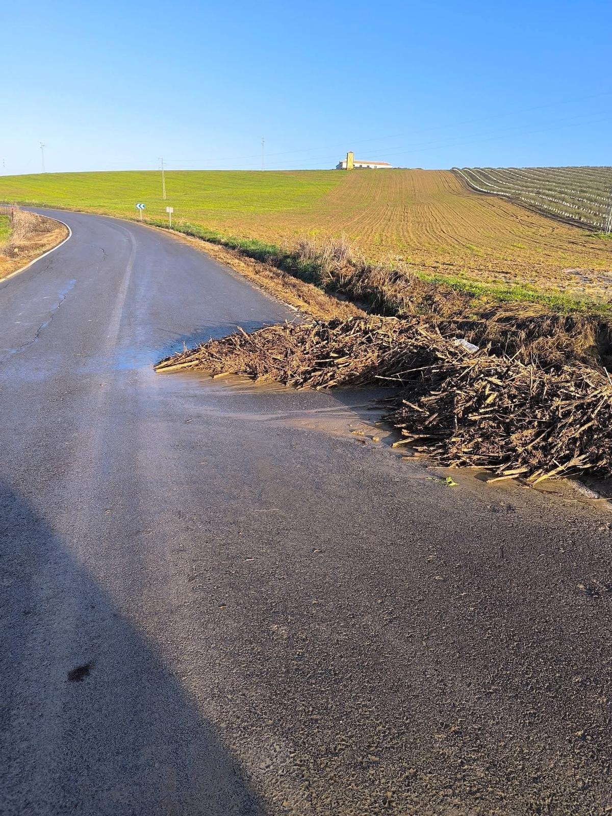 Acumulación de barro en la carretera que une Pedro Abad con Morente y Montoro.