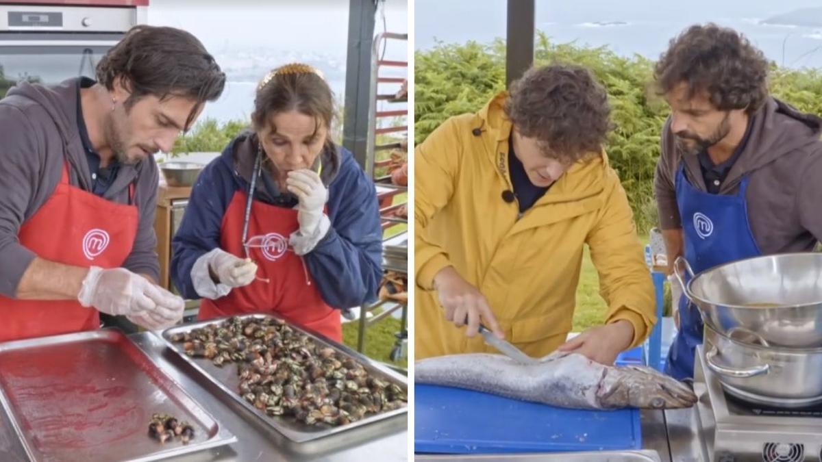 Victoria Abril comiendo percebes ante David Bustamante / Jordi Cruz muestra a Iván Sánchez como despiezar una merluza.