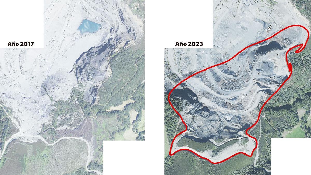 Ampliación de la zona explotada a cielo abierto en el entorno de Villares, en Ibias. Rodeada en rojo, la zona en la que se detecta actividad. En la parte inferior de la fotografía de la derecha se aprecia la nueva pista denunciada por la guardería; se observa que la original terminó inutilizada por la ampliación del espacio excavado.