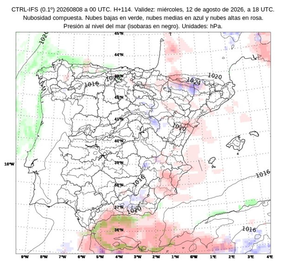 Mapa de probabilidad de nubosidad para el 12 de agosto.