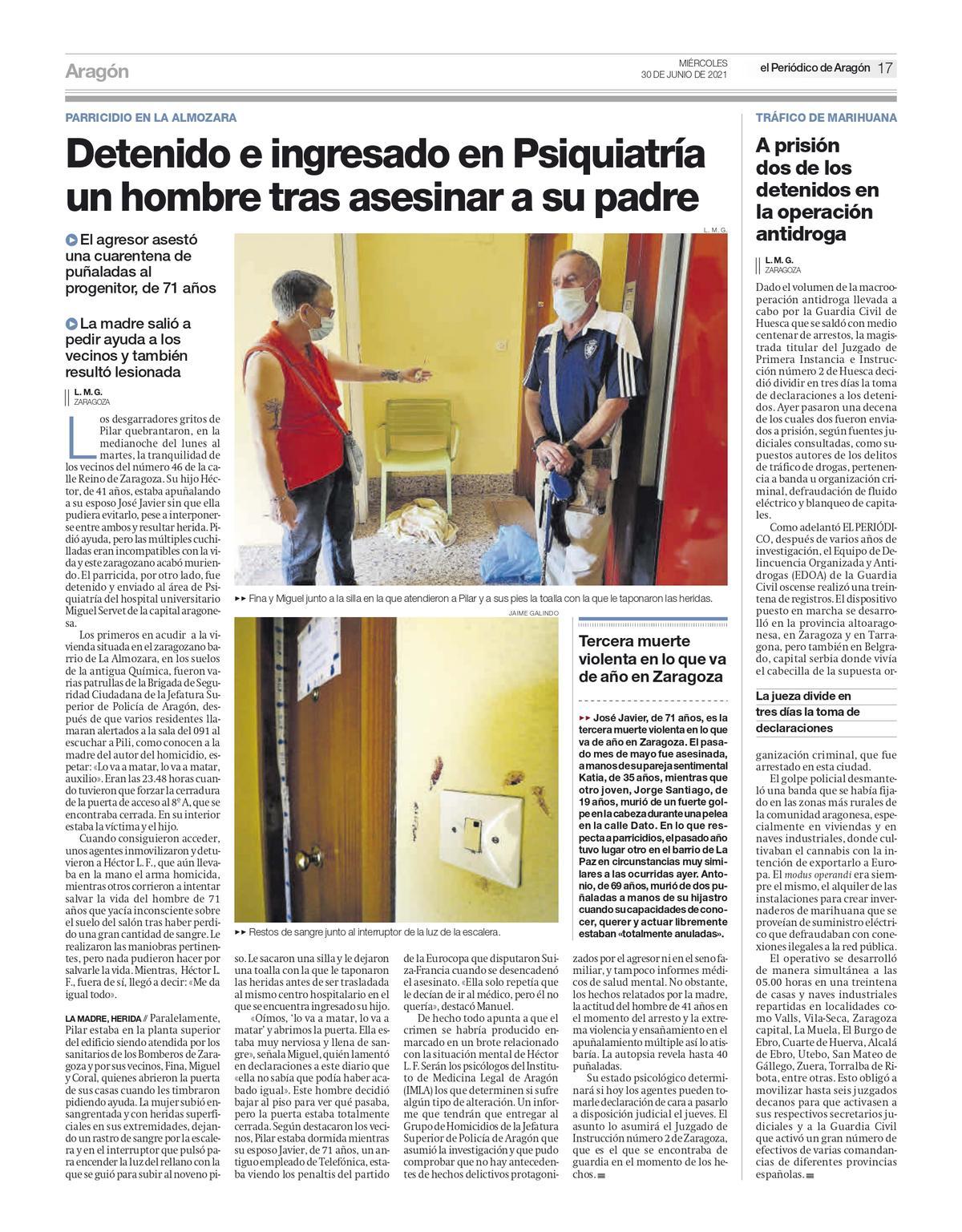 Noticia que ‘El Periódico de Aragón’ publicó en su edición en papel por el crimen del 29 de junio de 2023
