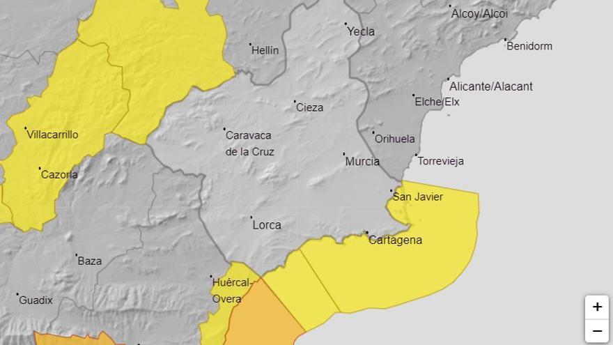 Mapa de aviso amarillo por fenómenos costeros en la Región