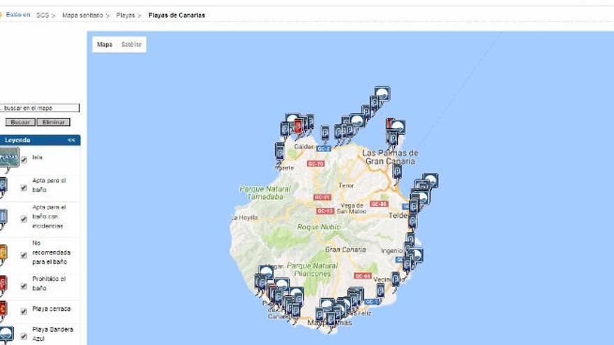 Pantallazo de la web con el mapa de las playas de Gran Canaria.