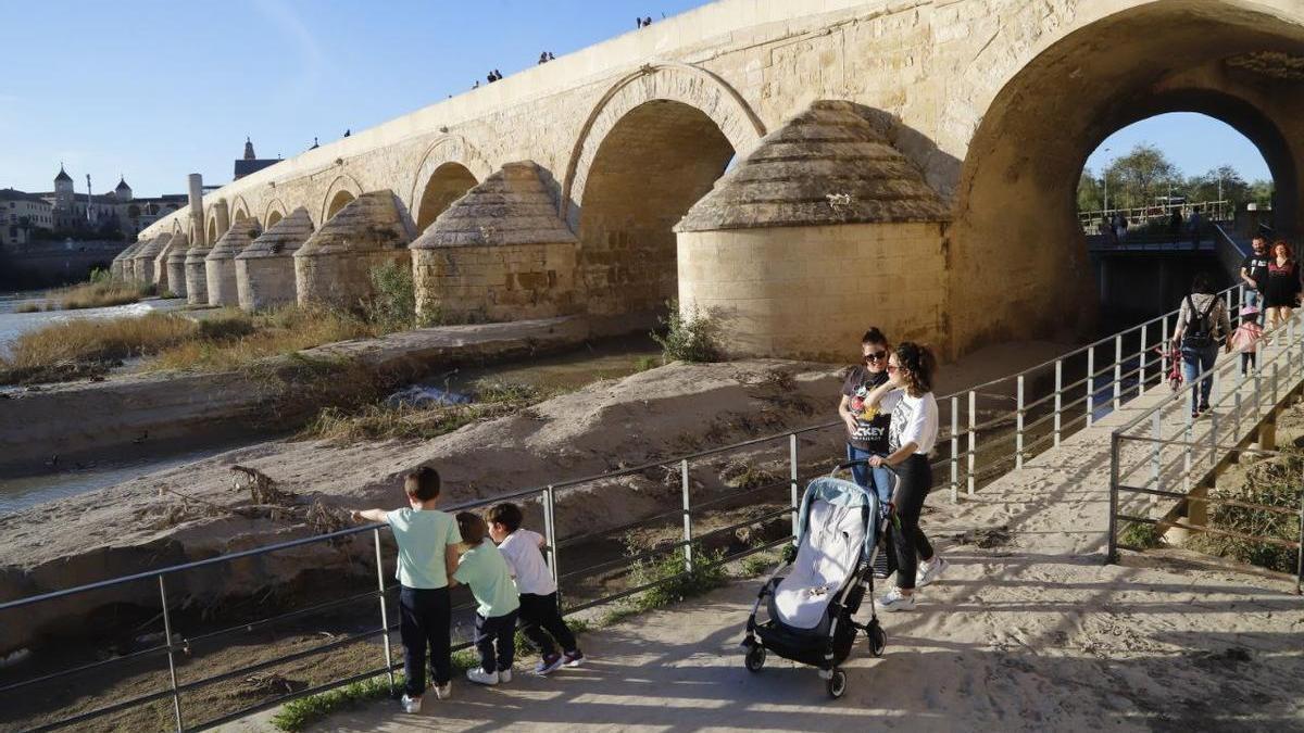 Madres y niños pasean ayer por la tarde por la zona peatonal que permanece embarrada tras bajar el caudal y junto a la acumulación de lodo que ha quedado junto a los ojos del Puente Romano.